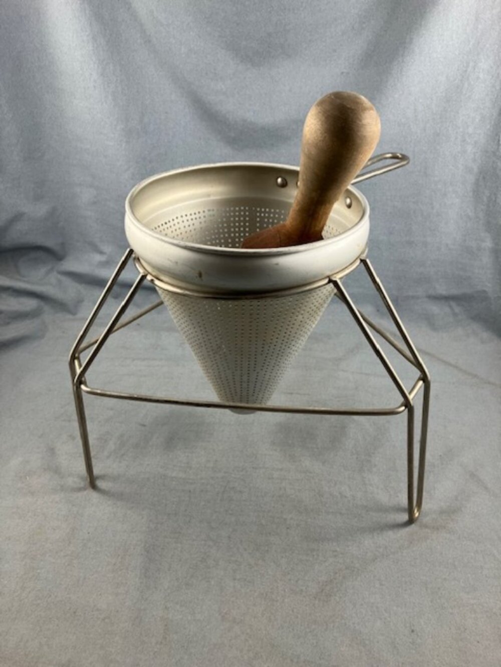 Vtg Apple Sauce Mill Food Press Cone with Wood Pestle & Stand